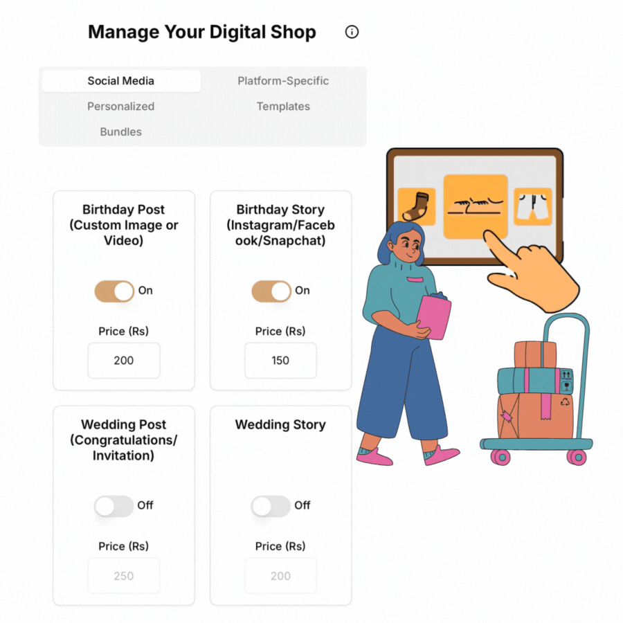 Animated illustration showing the Manage Your Digital Shop interface with service toggles, pricing options, and a creator managing their digital services