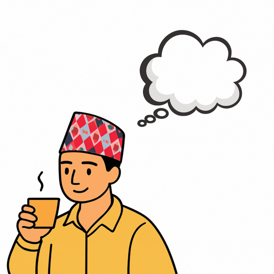 Person in traditional Nepali dhaka topi enjoying a cup of chiya with a thought bubble