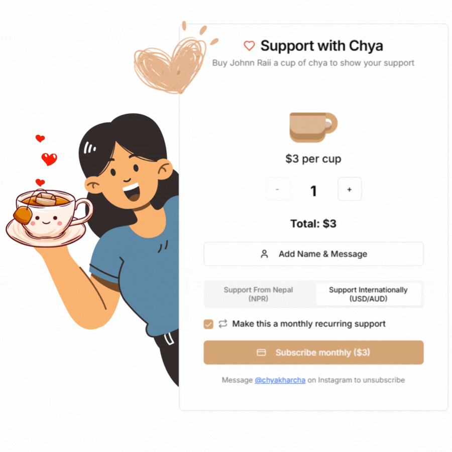 Animated illustration of a person holding a tea cup with hearts, alongside the Support with Chya interface showing payment options